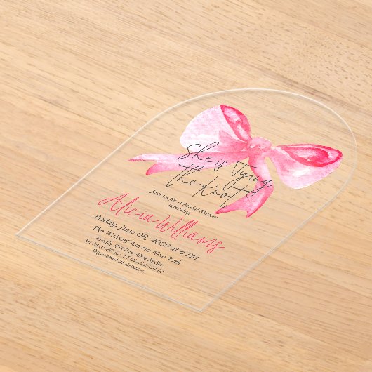 Elegant Tying the Knot Pink Bow-Vrijgezellenfeest Acryl Uitnodigingen (Laagn)