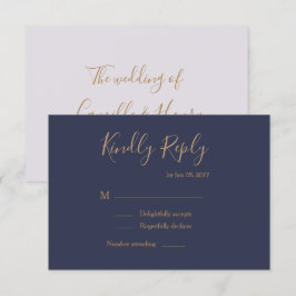 Elegant type donkerblauw goud lila trouw-rsvp kaart