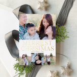 Elegant Type Holiday Multi-Photo Real Folie Card Folie Feestdagenkaart<br><div class="desc">Deze elegante vakantiefoto-kaart bevat vier foto's (één horizontale en drie kleinere vierkantsfoto's), een verse witte achtergrond en "Kerst van de feestdag" in de gouden folie. Op de achterkant vindt u een achtergrond van kraftpapier. Pas dit ontwerp verder aan door een andere foto en/of tekst aan de rug toe te voegen!...</div>