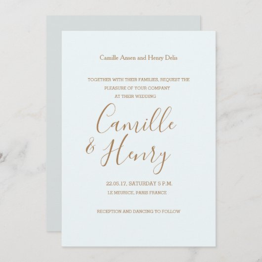 Elegant type lichtblauwe goudgrijze moderne bruilo kaart (Voorkant / Achterkant)