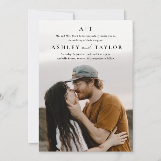 Elegant Type Monogram Foto Weddenschap Kaart (Voorkant)