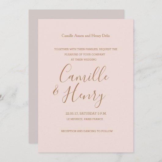 Elegant type roos roze goudbruin moderne bruiloft kaart (Voorkant / Achterkant)