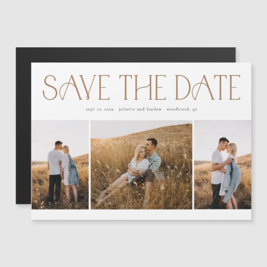 Elegant Typografie 3 Foto Collage Wedding Save the Magnetische Uitnodiging (Voorkant / Achterkant)
