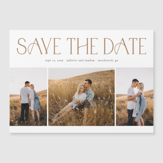 Elegant Typografie 3 Foto Collage Wedding Save the Magnetische Uitnodiging (Voorkant)