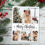 Elegant Typografie 4 Foto Collage kerstpost Briefkaart<br><div class="desc">Elegant, Modern Black en White 4 Foto Collage Merry Kerstmis Script Holiday Briefkaart. Deze feestelijke, magische sjabloon met vier (4) fotovakantiekaarten is voorzien van een fotocollage, een sneeuwvlok en zegt vrolijk kerstfeest! De tekst van de groet "Kerst van de Zure" wordt geschreven in een mooi zwart hand geschreven lettertype van...</div>