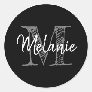 Elegant  typografie aangepast monogram zwart ronde sticker