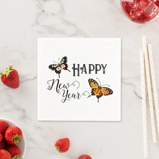 Elegant Typografie Butterfly White Happy Nieuwjaar Servet (Insitu)