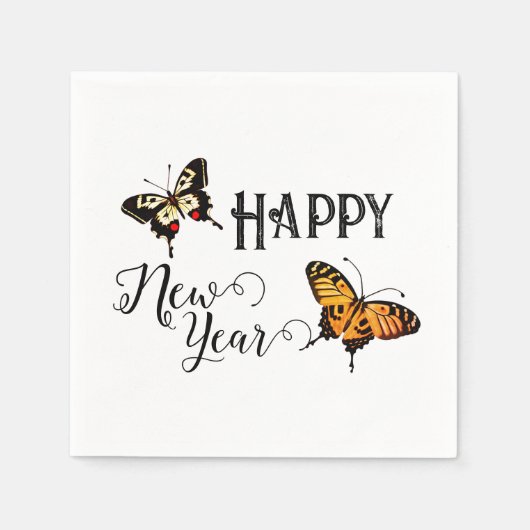 Elegant Typografie Butterfly White Happy Nieuwjaar Servet (Voorkant)