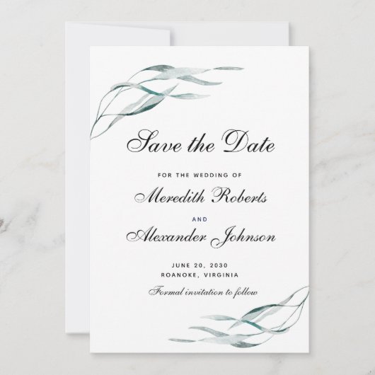 Elegant Typografie Eucalyptus Leaves Wedding Save The Date (Voorkant)