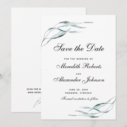 Elegant Typografie Eucalyptus Leaves Wedding Save The Date (Voorkant / Achterkant)