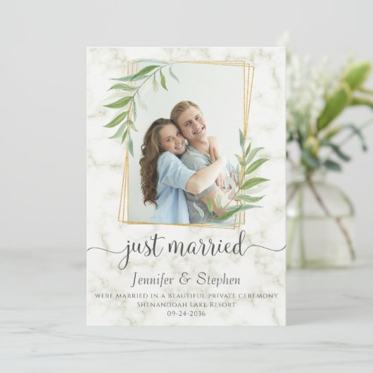 Elegant Typografie Eucalyptus Marble Elopement Aankondiging (Staand voorkant)