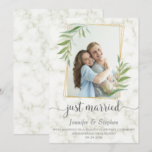 Elegant Typografie Eucalyptus Marble Elopement Aankondiging (Voorkant / Achterkant)