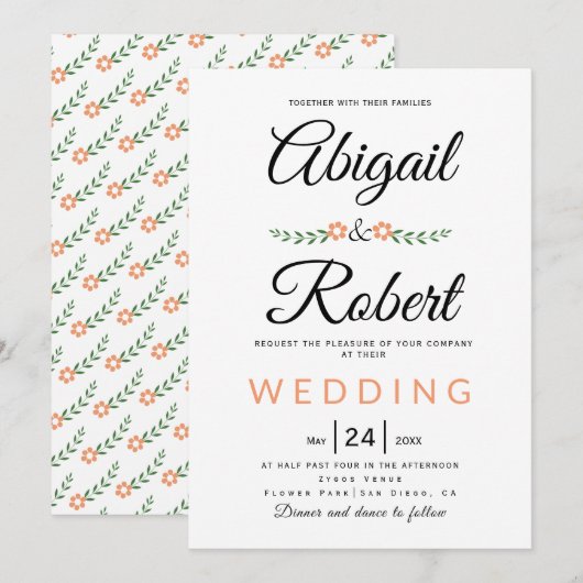 Elegant typografie koraal perzikbloem bruiloft kaart (Voorkant / Achterkant)