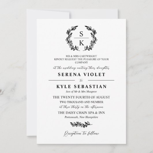 Elegant Typografie Laurel Wreath Monogram Wedding Kaart (Voorkant)