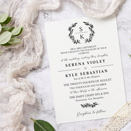 Elegant Typografie Laurel Wreath Monogram Wedding Kaart