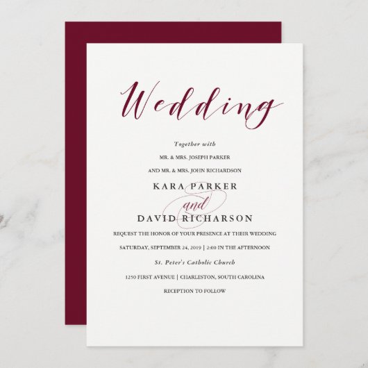 Elegant Typografie | Marsala Wedding Kaart (Voorkant / Achterkant)