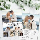 Elegant Typografie Script 3 Foto Collage Bruiloft Bedankkaart<br><div class="desc">Minimalistisch Modern Elegant "Liefde en bedankt" Script 3 Fotocollage Wedding Thank You Card. Stijlvolle bruiloft dank u kaart sjabloon met 3 foto op de voorkant en 1 foto op de achterkant. Met de tekst "Liefde en bedankt" in een wervelende hand geletterde typografie script lettertype met swash of in zwart op...</div>