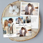 Elegant Typografie Script 4 Foto Collage Bruiloft Bedankkaart<br><div class="desc">Minimalistische moderne elegante script 4 foto collage bruiloft dank u kaart. Stijlvolle bruiloft dank u kaart sjabloon met vier foto op de voorkant en een foto op de achterkant. Met de tekst "Thank you" in een wervelende hand geletterde typografie script lettertype met swash of in zwart op witte achtergrond. Weinig...</div>