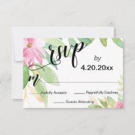 Elegant Typografie Waterverf Pink Floral Wedding RSVP Kaartje