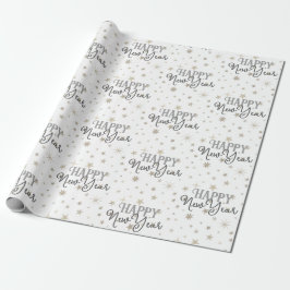 Elegant Typografie White Grey Stars Happy Nieuwjaa Cadeaupapier