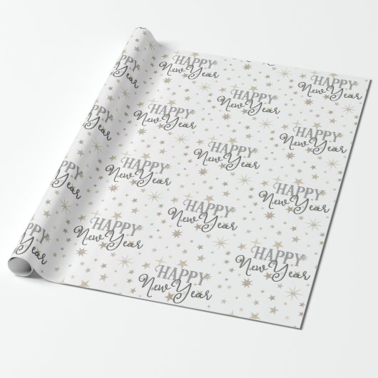 Elegant Typografie White Grey Stars Happy Nieuwjaa Cadeaupapier (Uitgerold)
