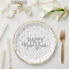 Elegant Typografie White Grey Stars Happy Nieuwjaa Papieren Bordje