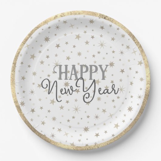Elegant Typografie White Grey Stars Happy Nieuwjaa Papieren Bordje (Voorkant)