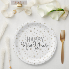 Elegant Typografie White Grey Stars Happy Nieuwjaa Papieren Bordje
