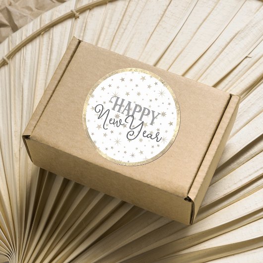 Elegant Typografie White Grey Stars Happy Nieuwjaa Ronde Sticker
