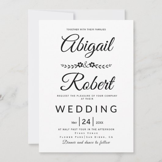 Elegant typografie zwarte witte bloemen bruiloft kaart (Voorkant)