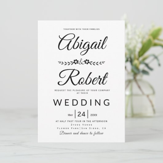 Elegant typografie zwarte witte bloemen bruiloft kaart (Staand voorkant)