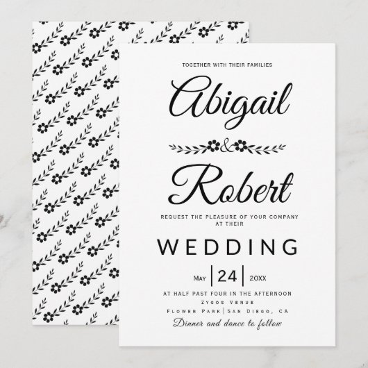 Elegant typografie zwarte witte bloemen bruiloft kaart (Voorkant / Achterkant)