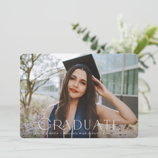 Elegant Typographic Overlay Two Photo Afstuderen Aankondiging (Staand voorkant)