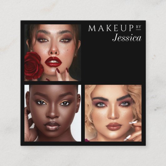 Elegant Typography Black 3 Photo Makeup Vierkante Visitekaartje (Voorkant)