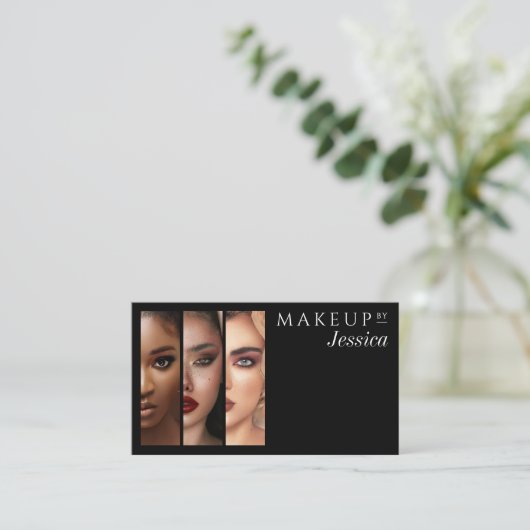 Elegant Typography Black White 3 Photo Makeup Visitekaartje (Staand voorkant)
