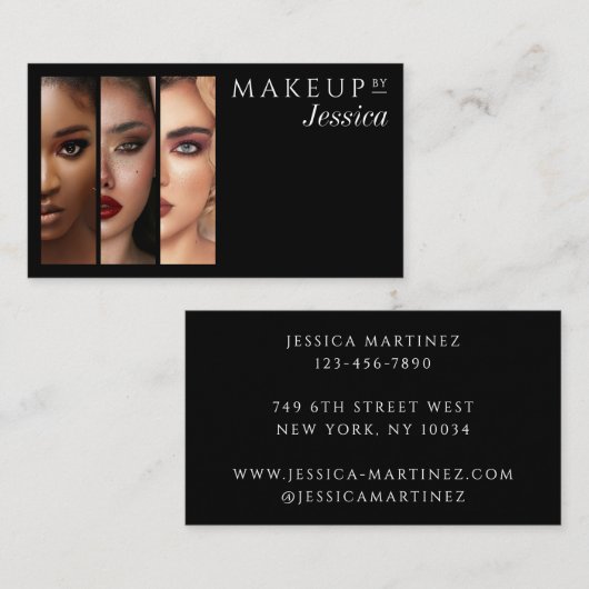 Elegant Typography Black White 3 Photo Makeup Visitekaartje (Voorkant / Achterkant)
