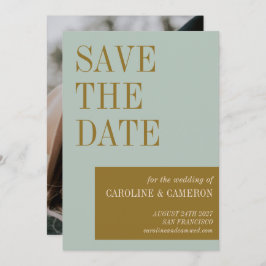 Elegant Typography Blue Gold Photo Wedding Save The Date