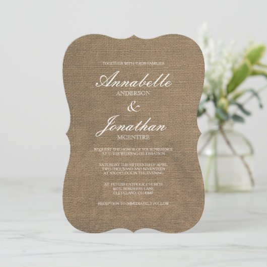 Elegant Typography Burlap Wedding Invitation Kaart (Staand voorkant)