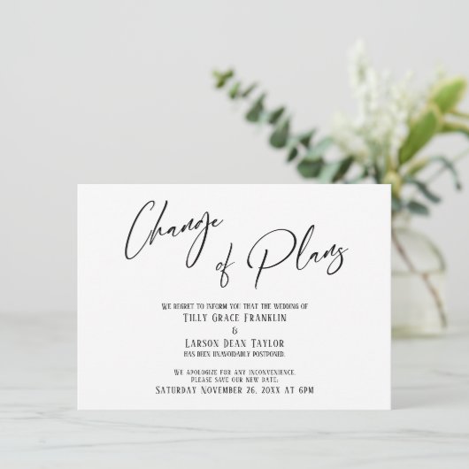 Elegant Typography Change of Plans Wedding Delay I Kaart (Staand voorkant)