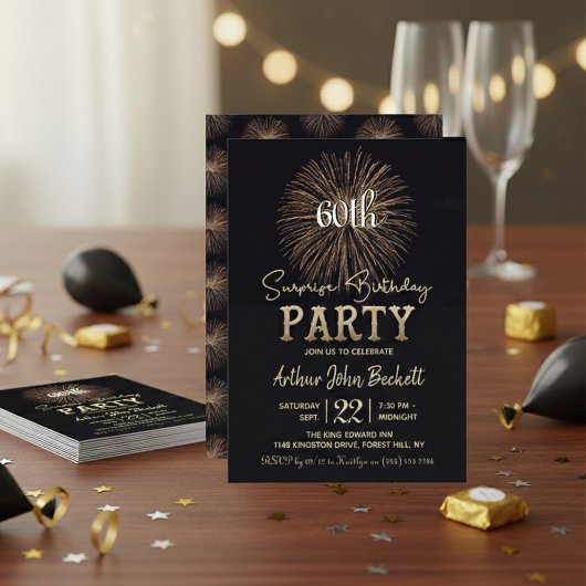 Elegant Typography Fireworks Surprise Birthday Kaart
