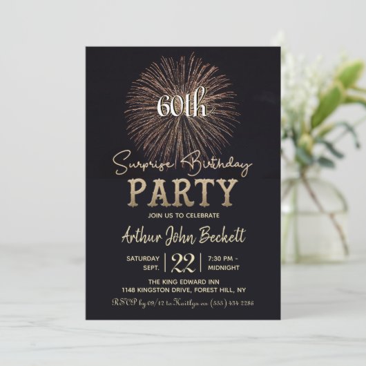 Elegant Typography Fireworks Surprise Birthday Kaart (Staand voorkant)