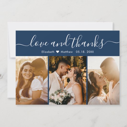 Elegant Typography Navy Multiple Photo Wedding Bedankkaart (Voorkant)