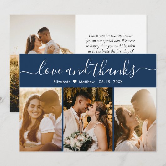 Elegant Typography Navy Multiple Photo Wedding Bedankkaart (Voorkant / Achterkant)