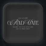 Elegant Typography Old Money Graduation Black Papieren Bordje<br><div class="desc">Celebrate your graduate’s big milestone with these personalized black graduation party paper plates, designed to add a modern and elegant touch to your celebration. The design features the word “Graduation” in stylish white script lettering, combining flowing cursive with a bold, contemporary feel that pops beautifully against the classic black background....</div>