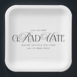 Elegant Typography Old Money Graduation WHITE Papieren Bordje<br><div class="desc">Celebrate your graduate’s big milestone with these personalized white graduation party paper plates, designed to add a modern and elegant touch to your celebration. The design features the word “Graduation” in stylish white script lettering, combining flowing cursive with a bold, contemporary feel that pops beautifully against the classic black background....</div>