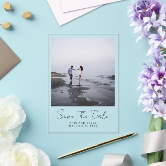 Elegant Typography Photo Wedding Save the Date Acryl Uitnodigingen (Insitu (Huwelijk))