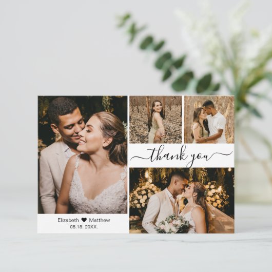 Elegant Typography Script Wedding 4 Photo Collage Bedankkaart (Staand voorkant)