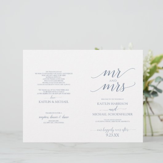 Elegant Typography Wedding Programs Dusty Blue - S (Staand voorkant)