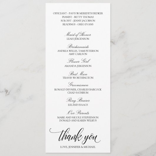 Elegant Typography Wedding Programs | Zwart Programmakaart (Achterkant)