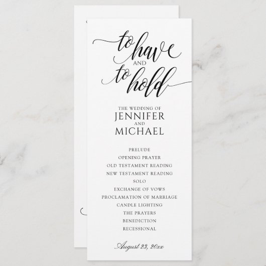 Elegant Typography Wedding Programs | Zwart Programmakaart (Voorkant / Achterkant)